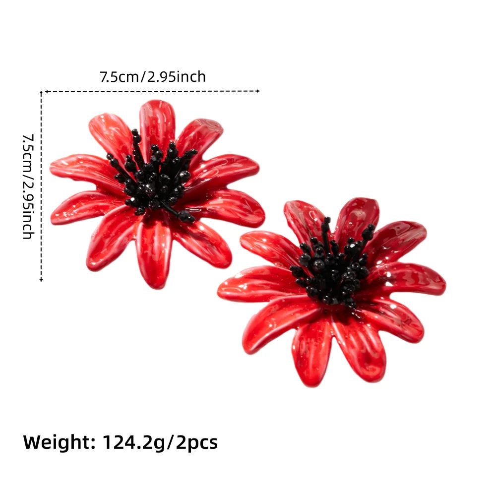 Vintage Red Glass Material Flower Style Women's Earrings Fashionable Sweet Personalized Aretes Para Mujer