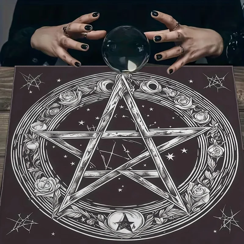 sketching style rose pentagram tarot card altar cloth astrological runes minimalist style divination mat