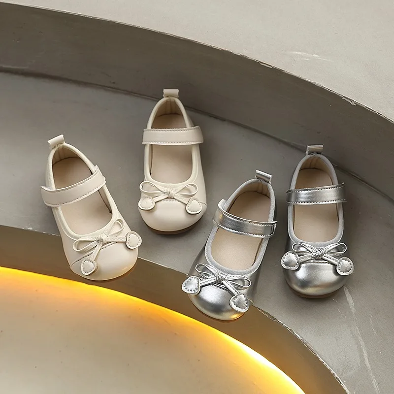 

Toddler Girls Mary Jane Flats Leather Shoes Bowknot Heart Decor Velcro Strap Princess Style Casual Party Footwear for Kids 21-30