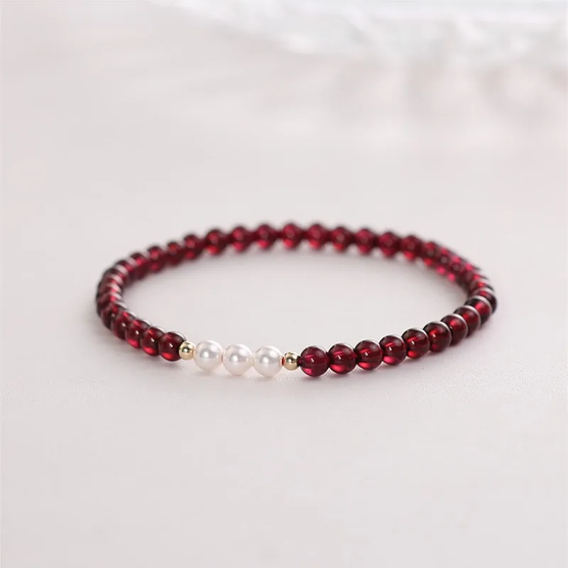 Minar Luxury Red Color Natural Stone Garnet Freshwater Pearl Strand Bracelets for Women 14K Real Gold Plated Copper Accessories