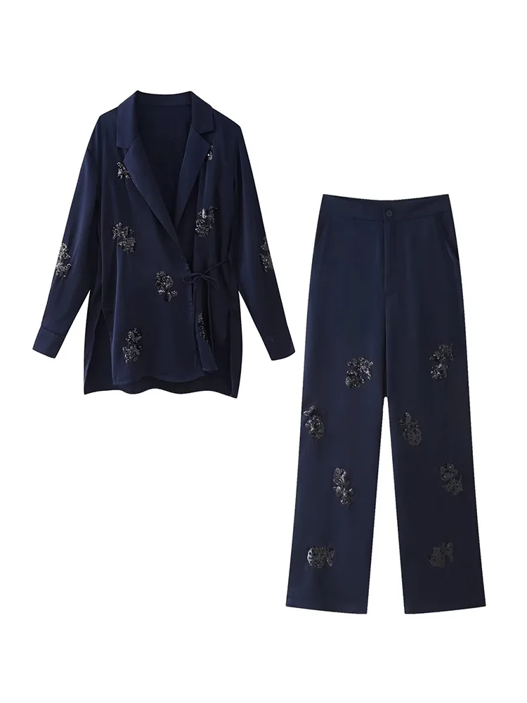 TRAF-2024 new women\'s long-sleeved lapel sequined kimono jacket + casual high-waisted pants summer chic navy pants suit