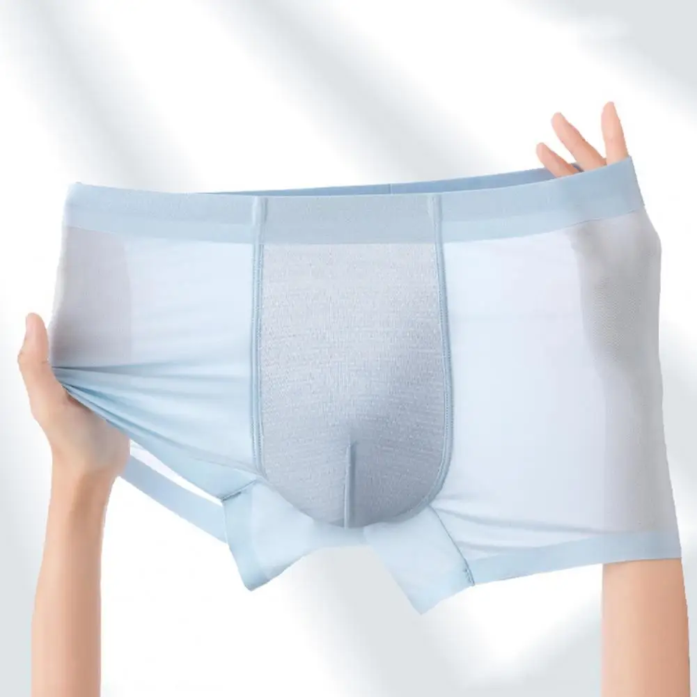 

Men Boxer Underwear Mid-rise Solid Color Ice Silk Shorts Briefs Ultra Thin Breathable Seamless Summer Panties