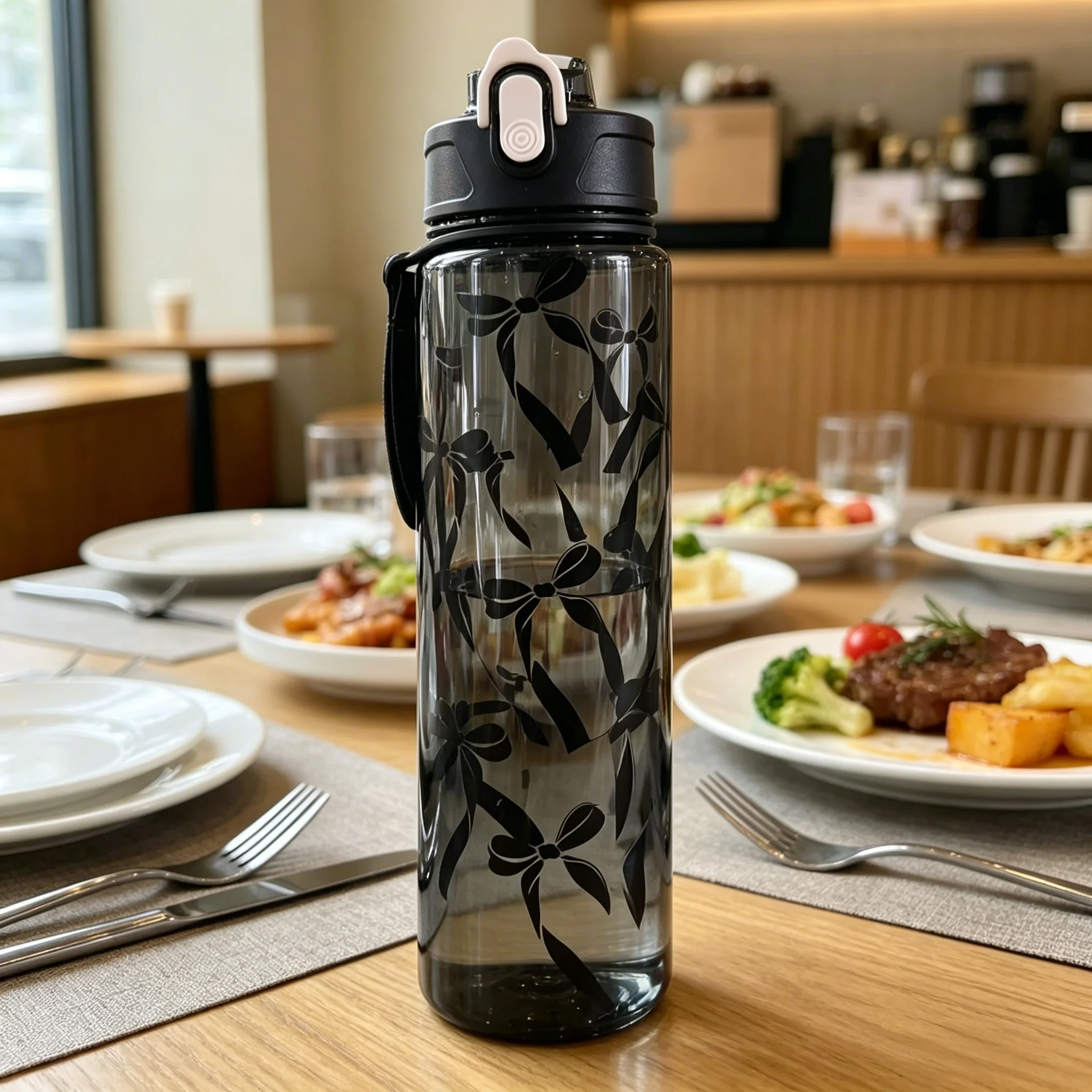 Water Bottle with Full Print of Flowers and Bowknot Patterns, Trendy & Stylish, Lightweight with Portable Lanyard, Durable image 4