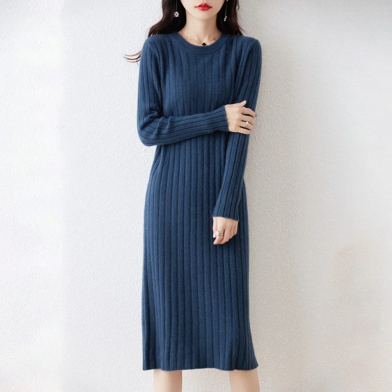 100% Pure Wool Knit Dress Women\'s Autumn And Winter Slim Knee-Length Dress Sweater Skirt With Bottoming Skirt