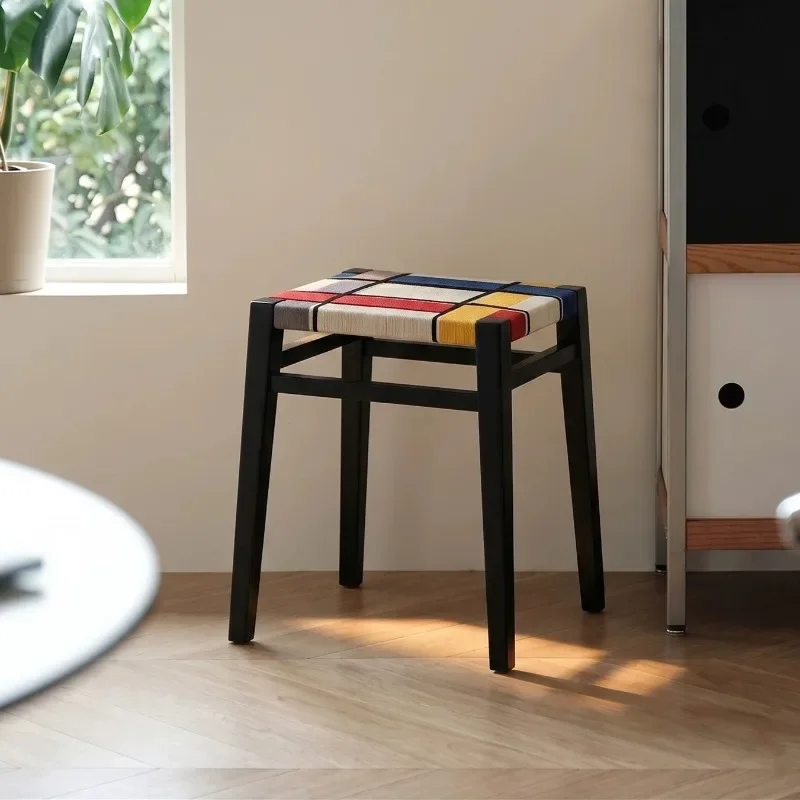 Creative Stackable Stools Solid Wood Leg Shoe Ottomans Retro Style Woven Seat Household Indoor Rest Living Room Furnishings Deco