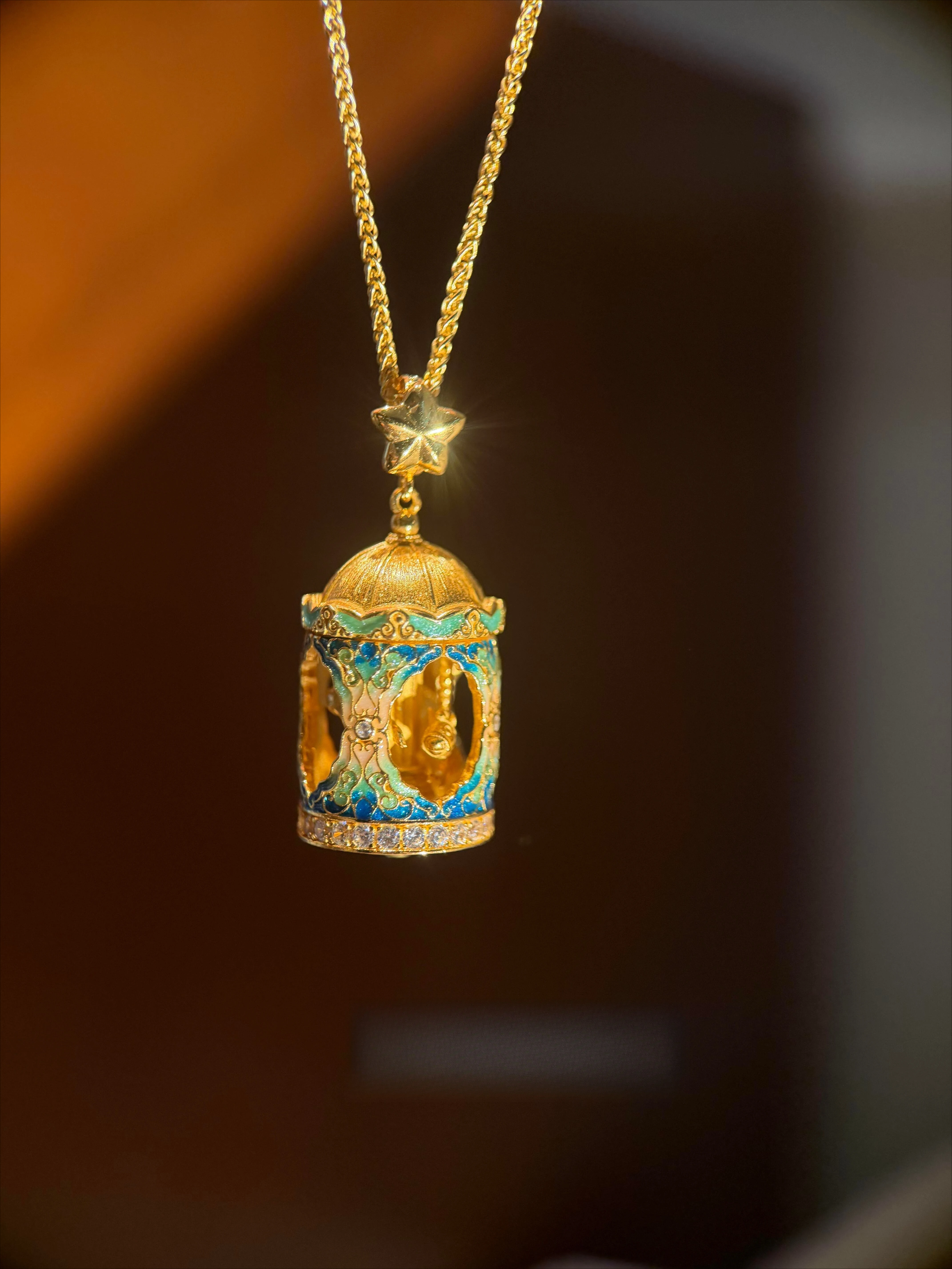 Ancient Gold Carousel Pendant Necklace, Enamel Hollow Design, Collarbone Chain, Niche