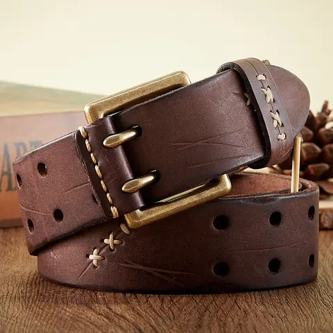 3.8CM Real Genuine Leather Belt Luxury Designer Brass Double Pin Buckle Belts Pure Cowskin Vintage Strap Male Jeans Belt for Men