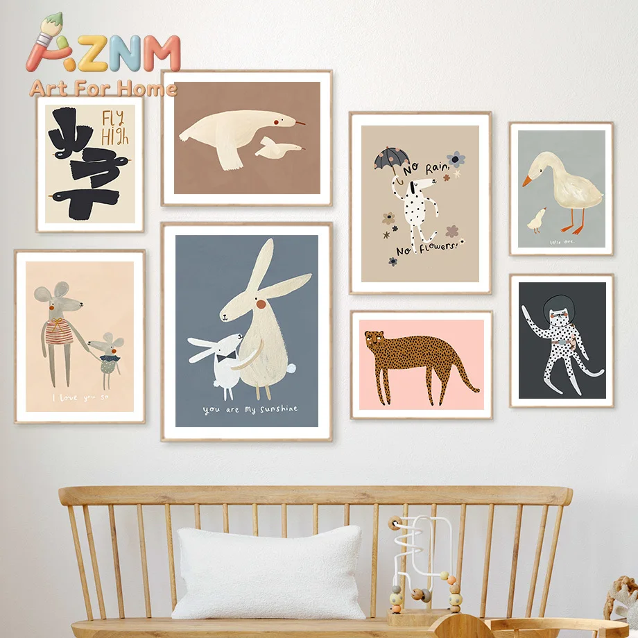 Cute Rabbit Bird Geese Leopard Dog Nursery Wall Art Canvas Painting Nordic Posters And Prints Wall Pictures Baby Kids Room Decor