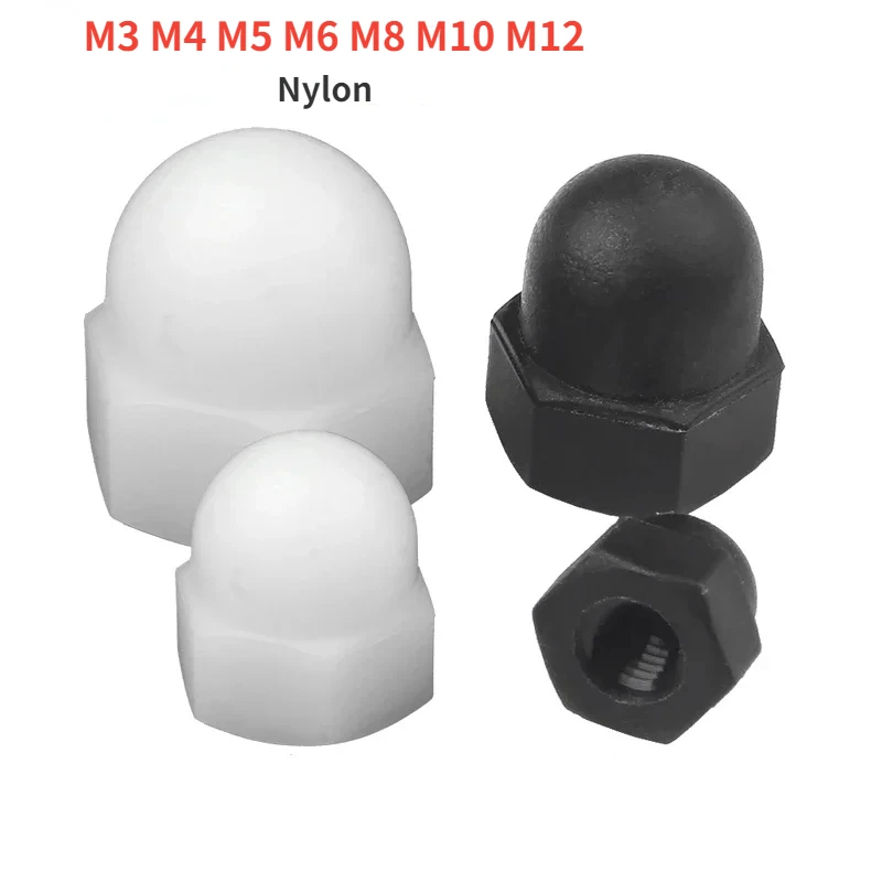 Tuercas hexagonales de plástico M3 M4 M5 M6 M8 M10 M12, tuercas con tapa de nailon blanco o negro, cubierta decorativa, tuerca semicircular de bellota