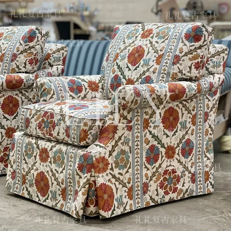Country Style Solid Wood Sofa Chair Retro Print Single Seat Small Apartment Living Room Bedroom Leisure Armchair