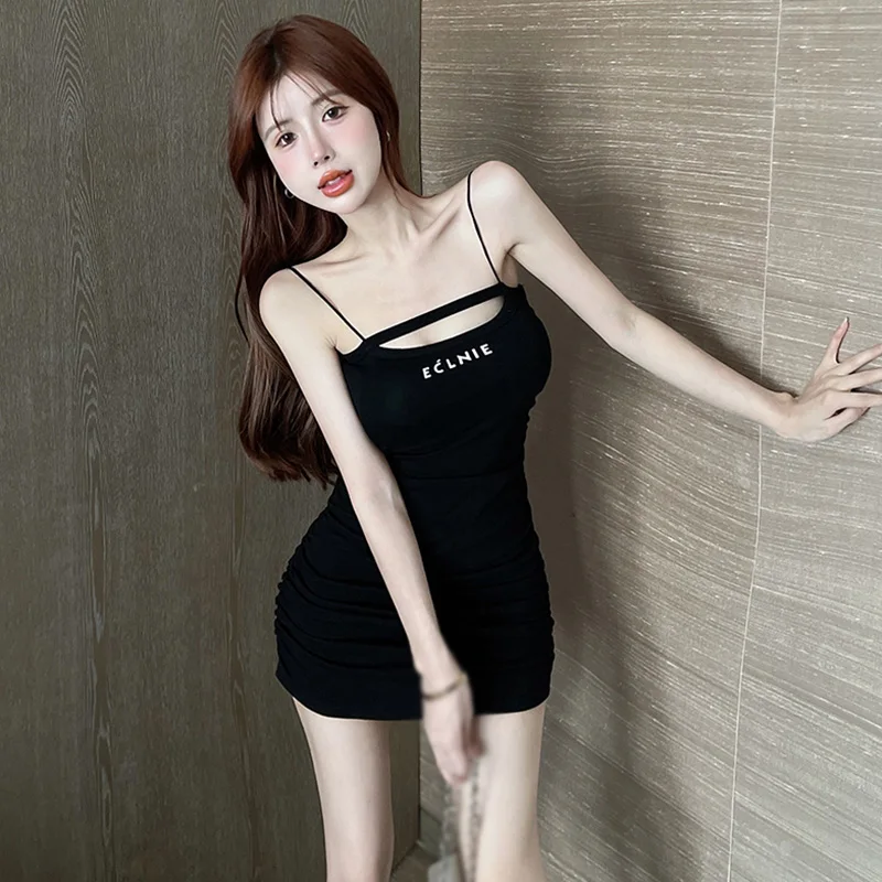 

Summer Women's Bodycon Dress Hollow Out Sleeveless Letter Print Sexy Slim Fit Hip Wrap All-match Sexy Tight Strap Dress