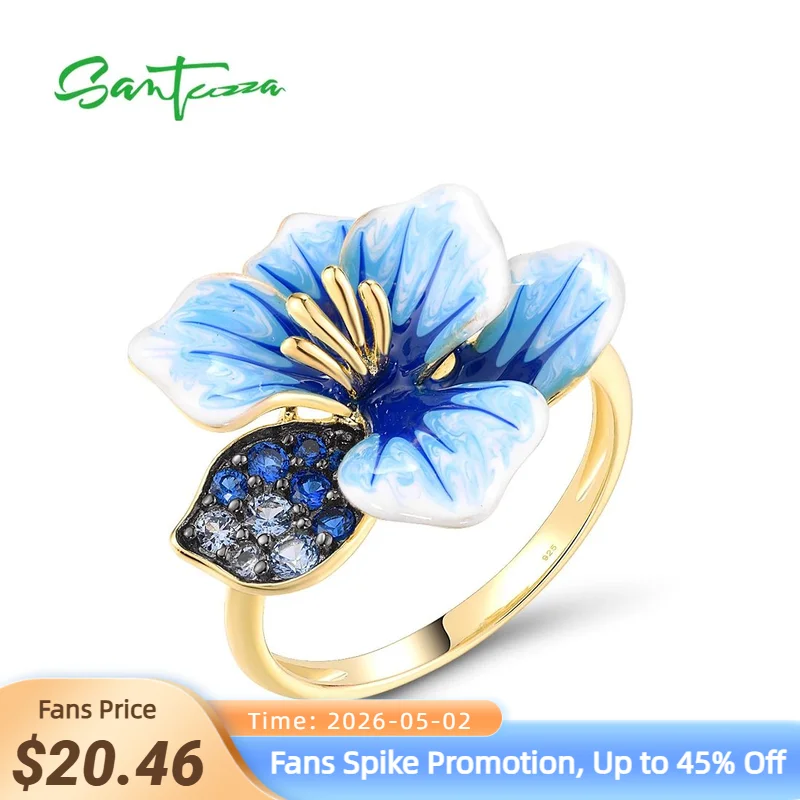 

SANTUZZA Authentic 925 Sterling Silver Ring For Women Sparkling Blue Spinel Enamel Flower Chic Wedding Gifts Fine Jewelry