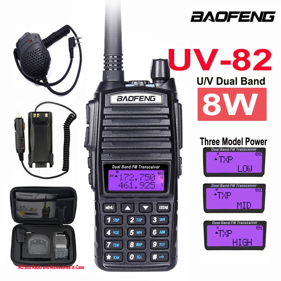 High Power 8W Baofeng UV-82 Walkie Talkie UV82 Dual Band VHF UHF FM Transceiver 10KM Long Range Hunting Two Way Ham CB Radio