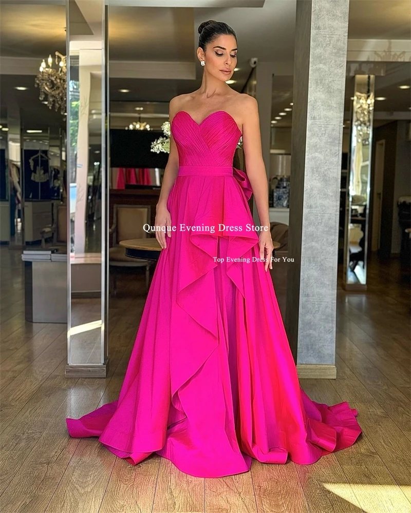 Qunque Fuchsia Sweetheart Evening Dress Pleat Floor Length With Bow Ruffles Prom Gown Formal Dress Vestido Gala 2024 Customized