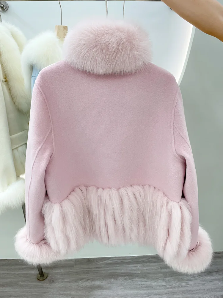 2023 Autumn Winter Natural Fox Fur Collar Real Fur Jacket Women Cashmere Wool Woolen Ladies Outerwear Female Coat