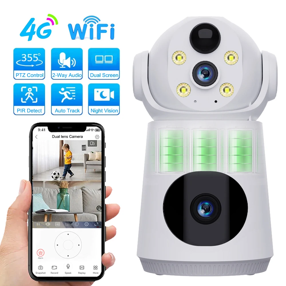 8MP 4K 4G/WiFi IP Camera Dual Lens Dual Screen Low Powered Battery Baby Monitor PIR Human Detection Night Vision Security Camera