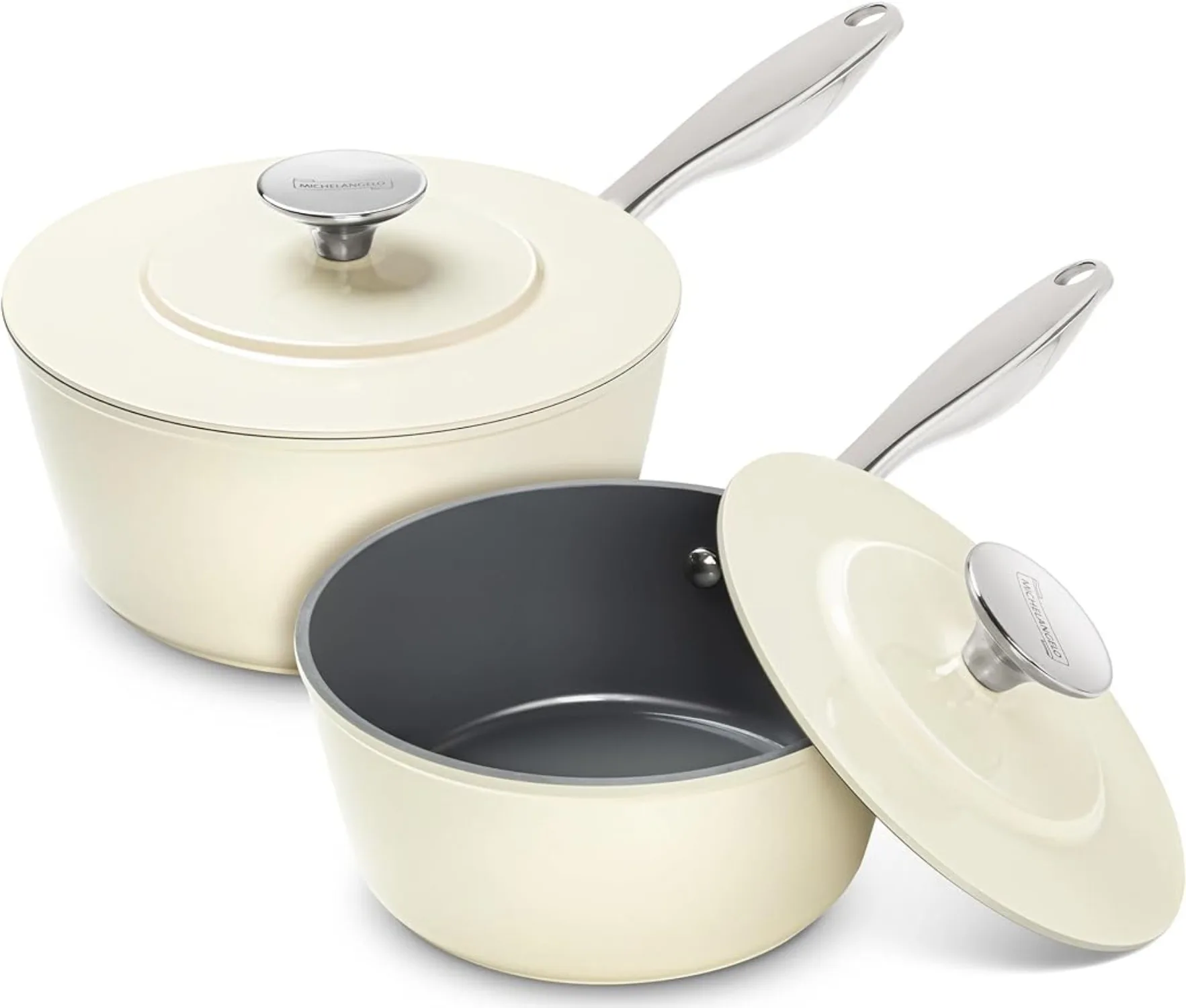 

Pans with Lid, Nonstick Ceramic Pan Set 1.5-Quart & 3-Quart Pan Set with Stainless Steel Handles Induction Compatible Oven Safe