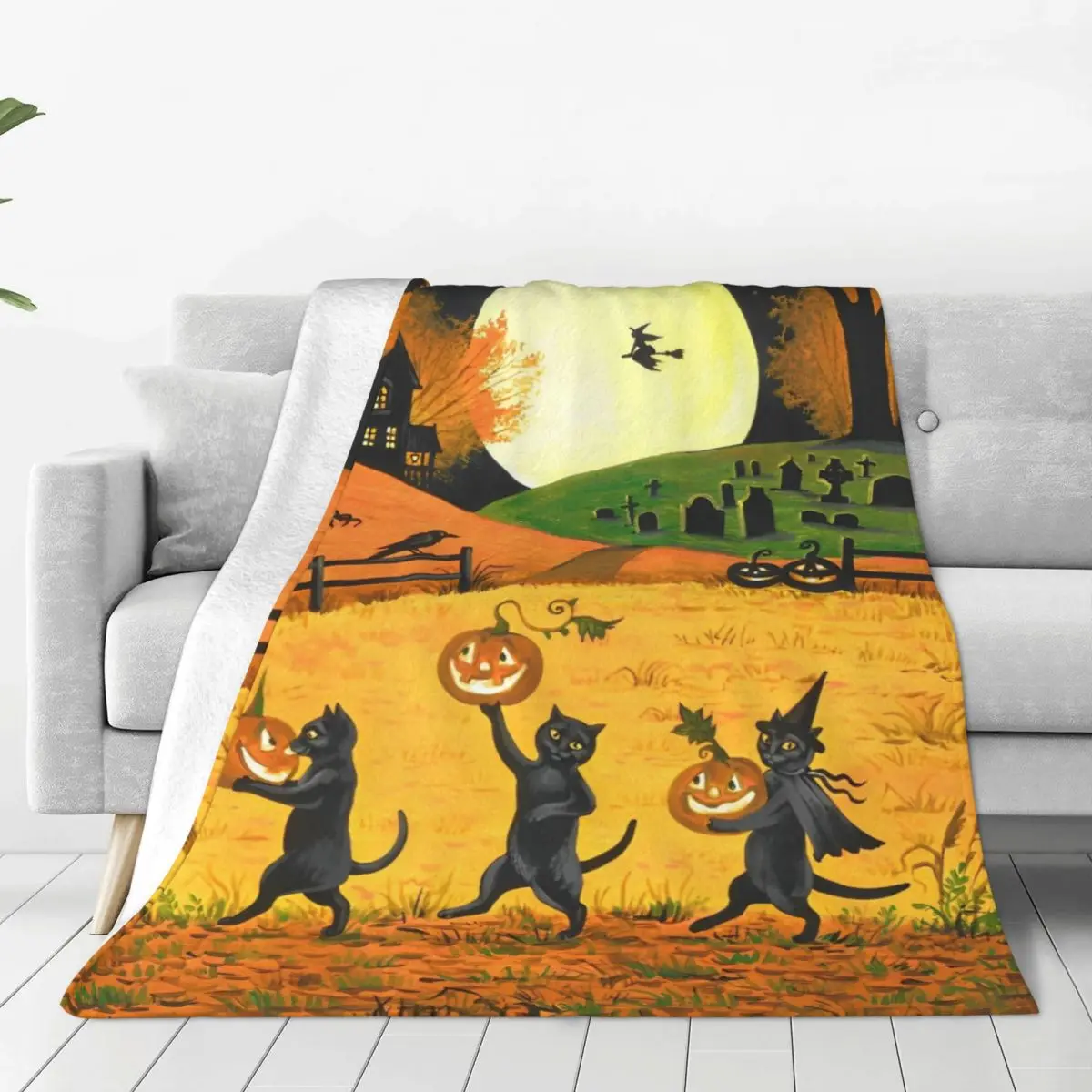 

Cat Pumpkins Halloween Blankets Flannel Throw Blankets Summer Air Conditioning Decoration Lightweight Bedsprea