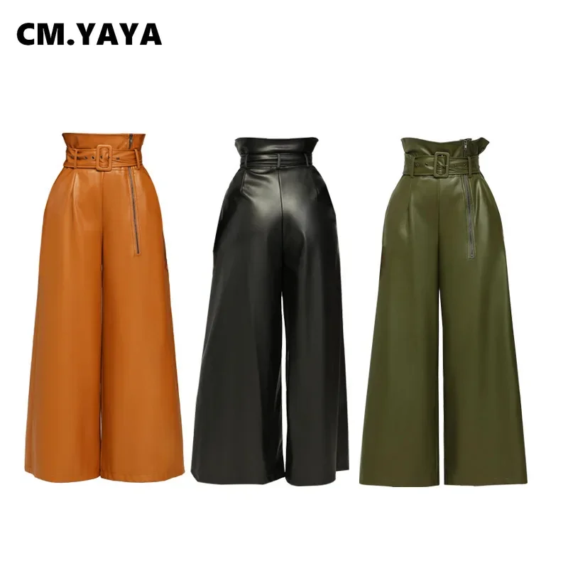 Women Fashion Faux Leather High Waist with Sashes Zipper Side Wide Leg Loose Pants 2024 Autumn Winter Street PU Trousers