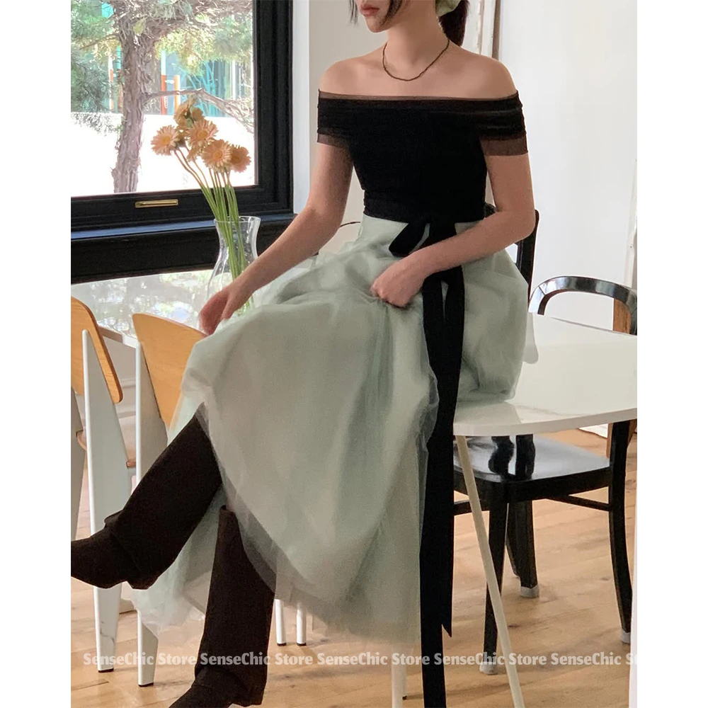 여성을위한 간단한 검정과 녹색 이브닝 드레스 한국 a 라인 우아한 Strapless Tulle 파티 공식 행사 드레스 맞춤형