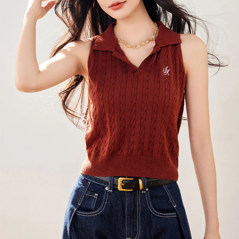 แขนกุด SLIM FIT เสื้อกั๊กสําหรับเสื้อผ้าผู้หญิงฤดูร้อน 2025 ใหม่สีทึบเสื้อโปโลเสื้อยืด Street Casual อเนกประสงค์ Crop TOP