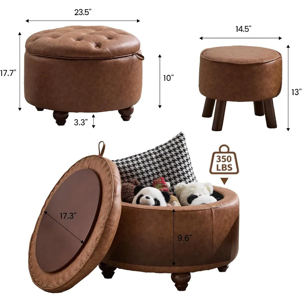 Pair of 24-Inch Diameter Storage Ottomans: Contemporary Leatherette Coffee Tables with Removable Tops