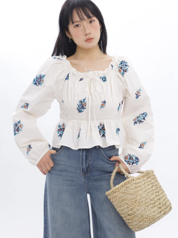 

Ohmyloli French Sle Embroidered Elastic Waist irt Spring Summer Two-Way Collar Netie Long Sve High Waist Cotton Blouse