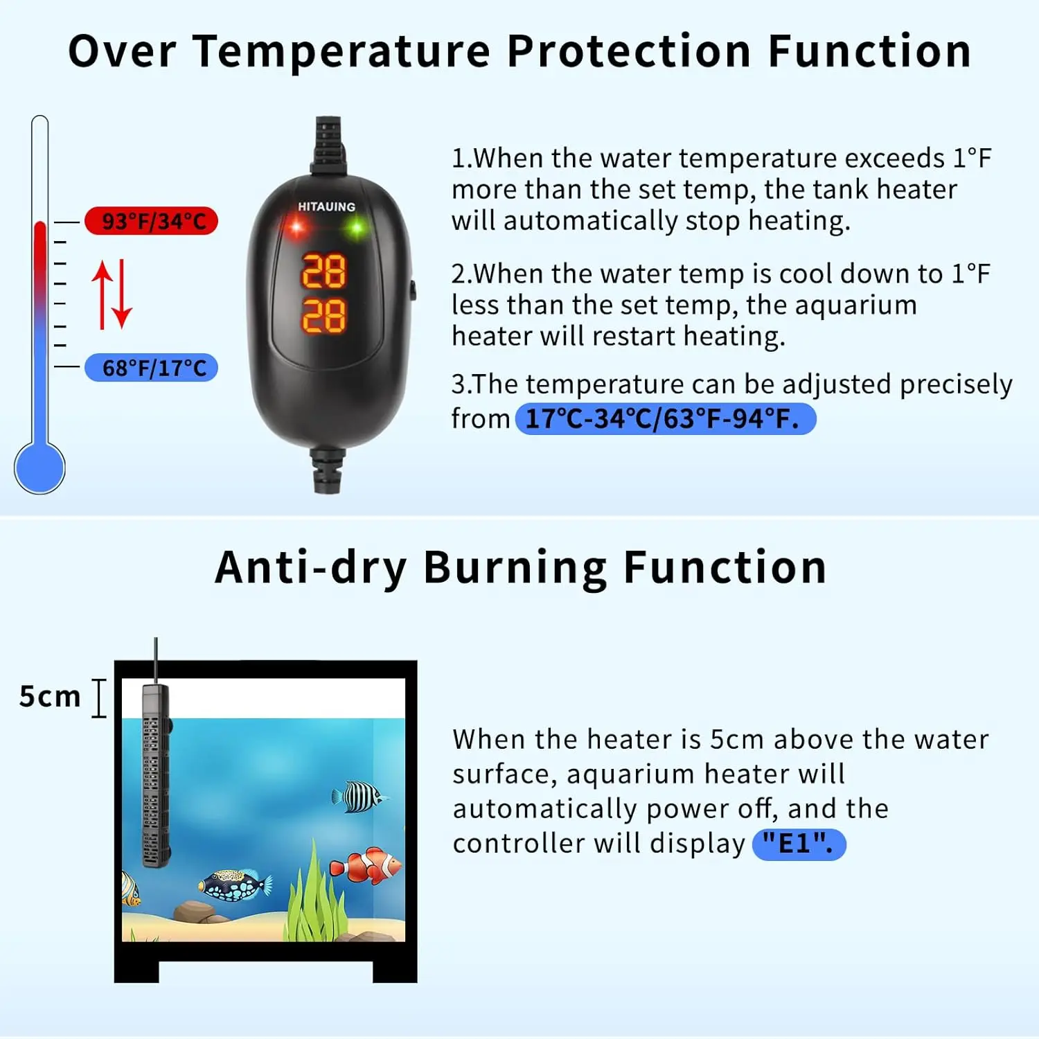 HiTauing Aquarium Heater 500W Submersible Fish Tank Heater with Over-Temperature Protection and Automatic Power-Off When Leaving