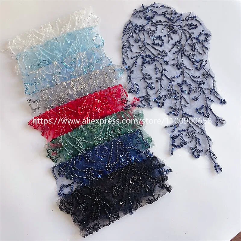 Lace Patch Applique for Clothes, 3D Beaded, Mirrored Flowers, DIY Sewing Accessories, Clothes, RS2682, 4Pcs/2Pair