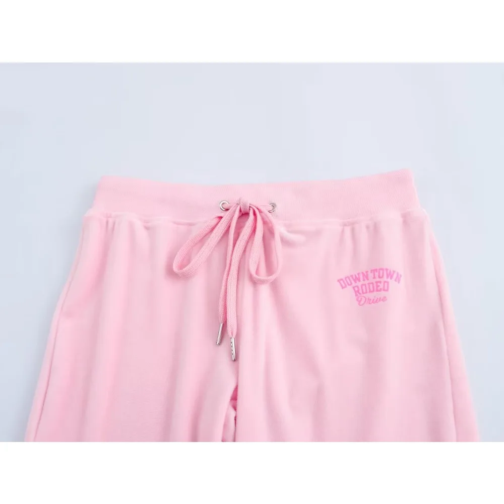 Aesthetic Women\'s Gorgeous Pink Two-piece Sport Set Fashion Velvet Hooded Jacket with Tonal Text Matching ComfyText Velvet Pants