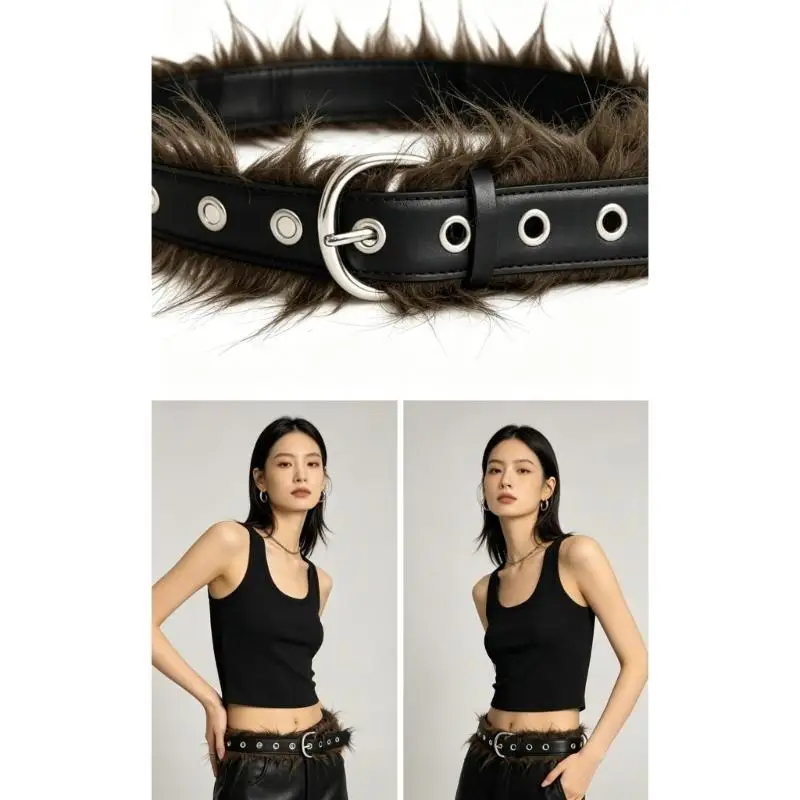 39BD Statement Waist Belt with Fuzzy Trim and Pin Closure Adjustable for Daily Looks