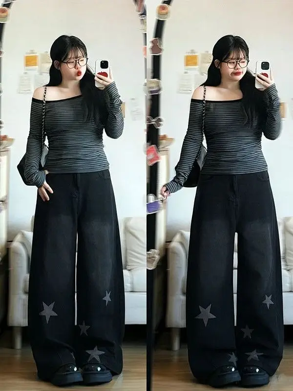 

plus Size Black American Star Print Fleece Lined Denim Jeans Women Loose Vintage Design Wide Leg Straight Cut Trousers
