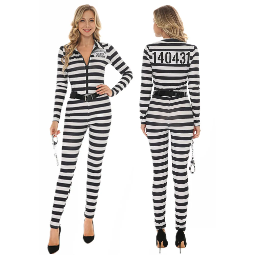 

Взрослый женский костюм заключенного, комбинезон для косплея, жестокий заключенный Пурим, вечеринка на Хэллоуин, фантазия, наряд