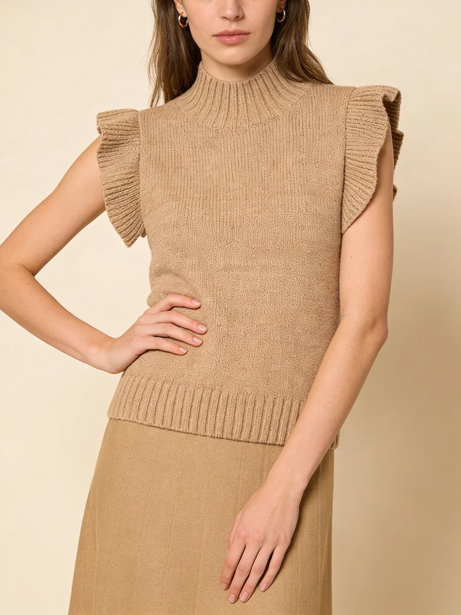 TWOTWINSTYLE Khaki Cozy Office Ruffled Knit Tank Top for Women Turtleneck Sleeveless Slimming for Minimalist Casual Daily Style