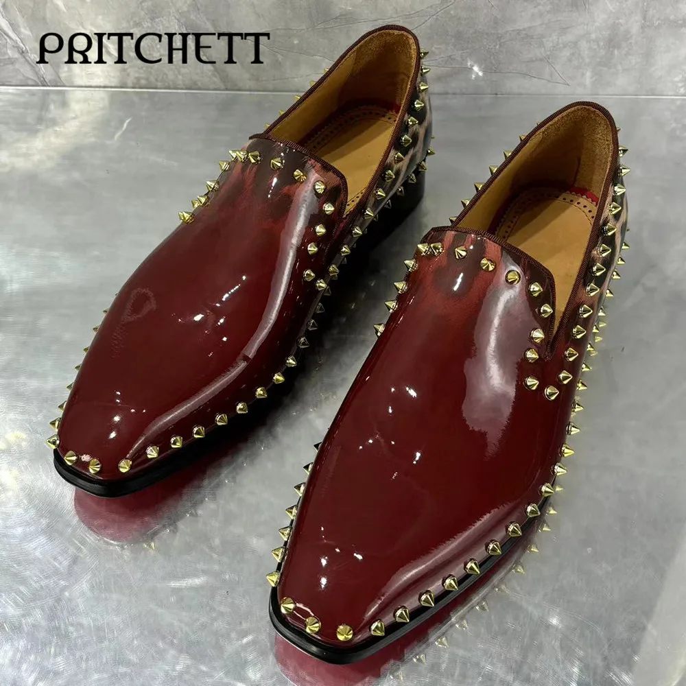 Leopard Print Rivet Loafers Round Toe Leopard Print Red Patent Leather Slip-On Shoes Fashionable Personality Business Men's Shoe