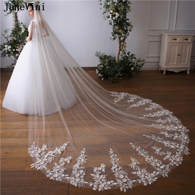 

JaneVini Elegant One Layer Wedding Bride Veils Lace Appique Edge Tulle Cathedral Veil with Comb Champagne Luxury Velos De Novias