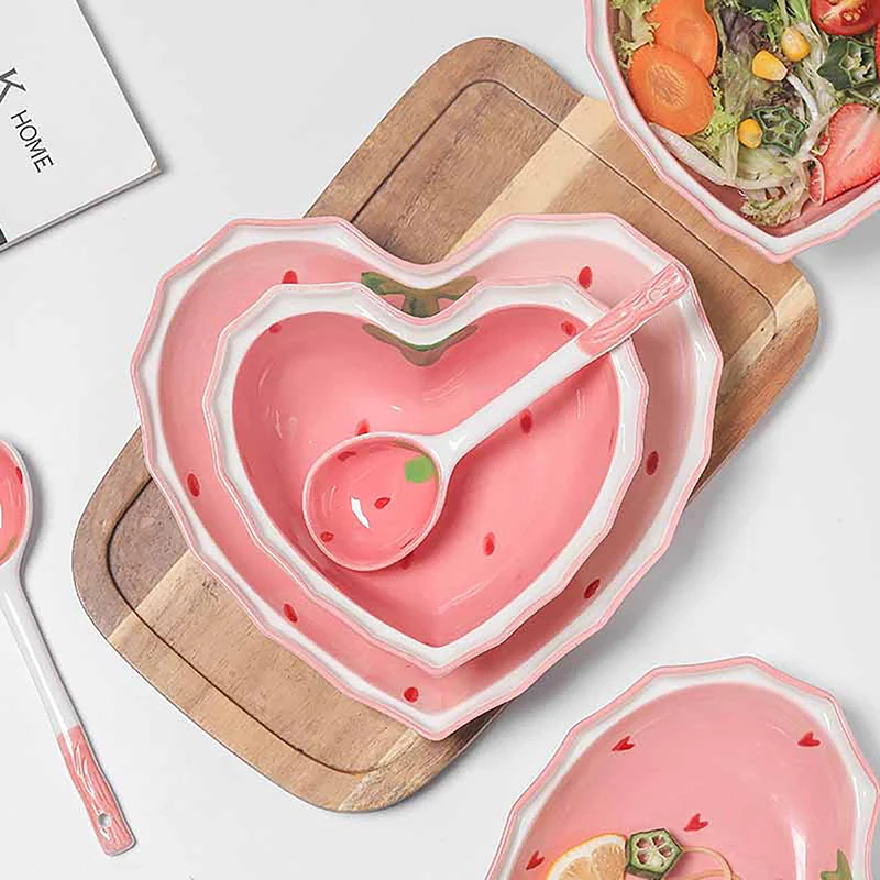 Juego de platos y cucharas con forma de corazón para niña, cuenco de fresa, ensalada, postre, vajilla para el hogar