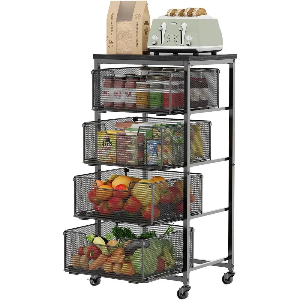

4-Tier ruit Vegetable Storage Cart - Kitchen Organizer and Storage Cart with Wheels, Wooden Top Metal Wire ruit Vegetable Rack