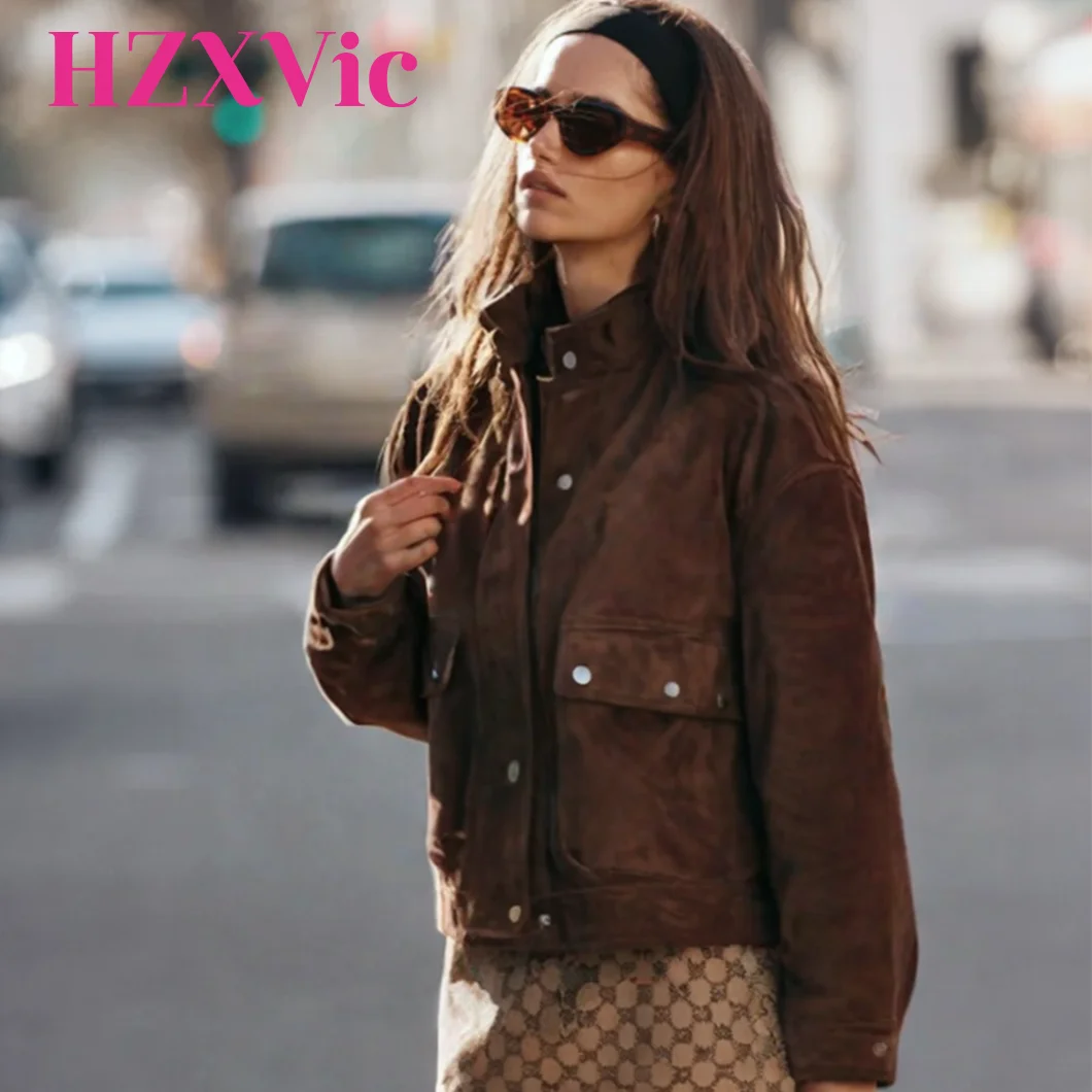 

HZXVic женская осенняя новая коллекция с воротником-стойкой и длинными рукавами, карманом, украшение, антибархатная кожаная куртка для полетов