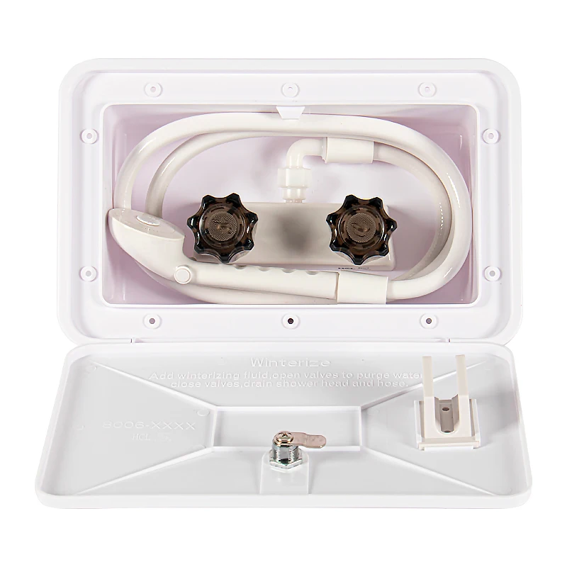 RV Marine External Shower Box with Lock Hot Cold Mixer Built in Hand Shower and Hose for Camper Caravan Boat