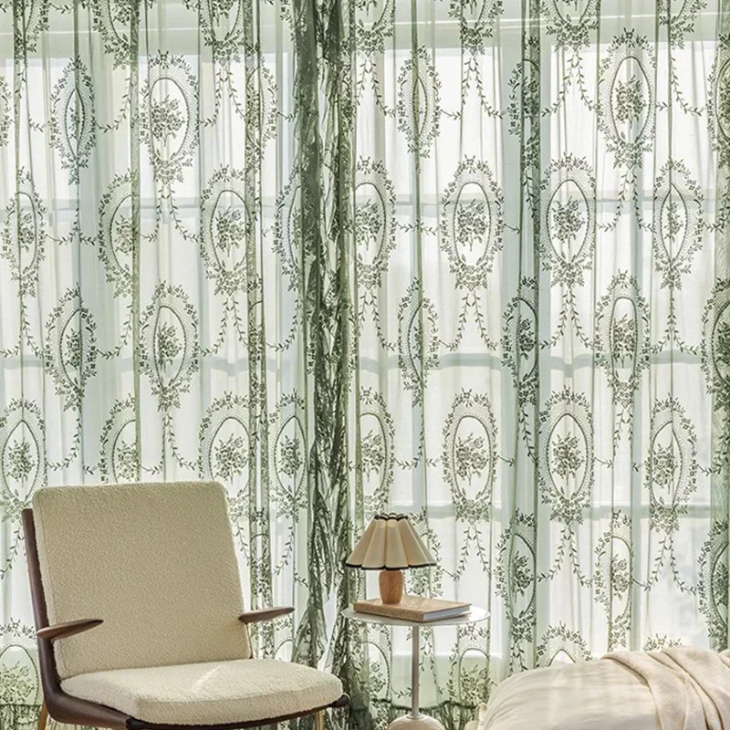 Transparenter Vorhang mit grüner Blumenstickerei im Vintage-Stil, romantische gekräuselte Spitze, Voile-Fenstervorhänge für Schlafzimmer, Küche, Fensterbehandlung