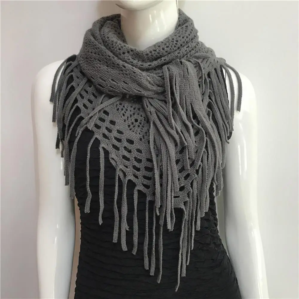 New Fashion Solid Color Air Conditioning Warm Wool Knitted Shawl Women Winter Cold Cashmere Fringed Flower Hollow Triangle Scarf