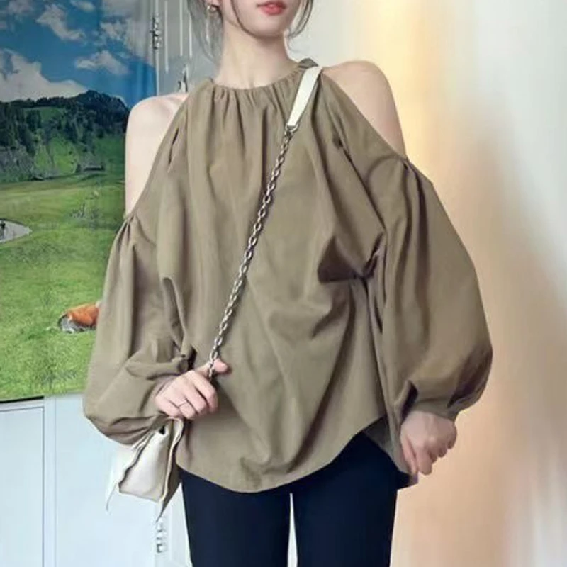 Spring New Round Neck Fashion Lantern Sleeve Blouse Women High Street Solid Color Pullovers Elegant Off Shoulder All-match Tops