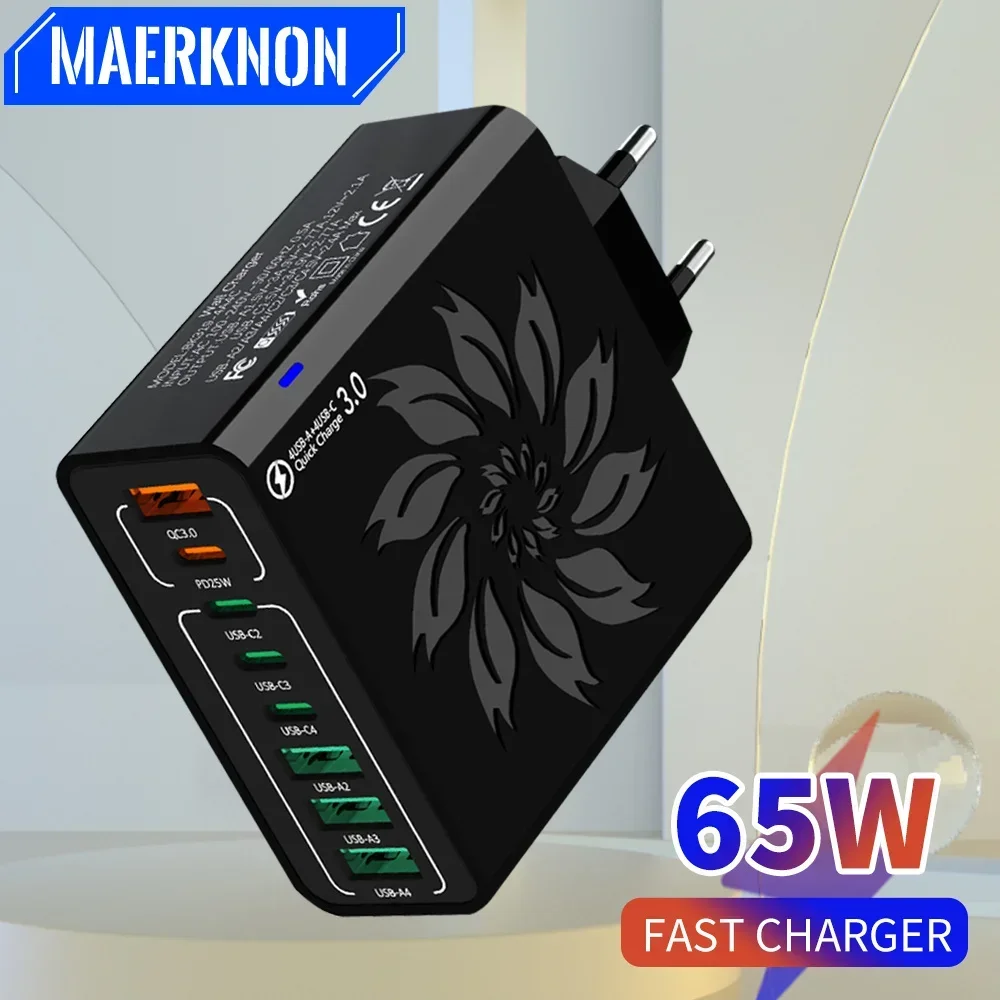 Total 65W USB C Charger 8 Ports Quick Charge 3.0 PD Charger Type C Fast Charging Adapter For iPhone 15 14 Pro Max Xiaomi Samsung