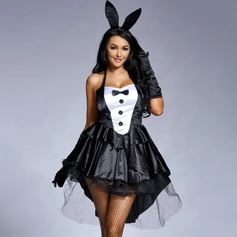 Disfraz Sexy de chica conejito rosa, colas de esmoquin, Halloween, Navidad, Carnaval, fiesta, conjuntos de disfraces sexys, vestido para mujer, conjunto de 3 piezas