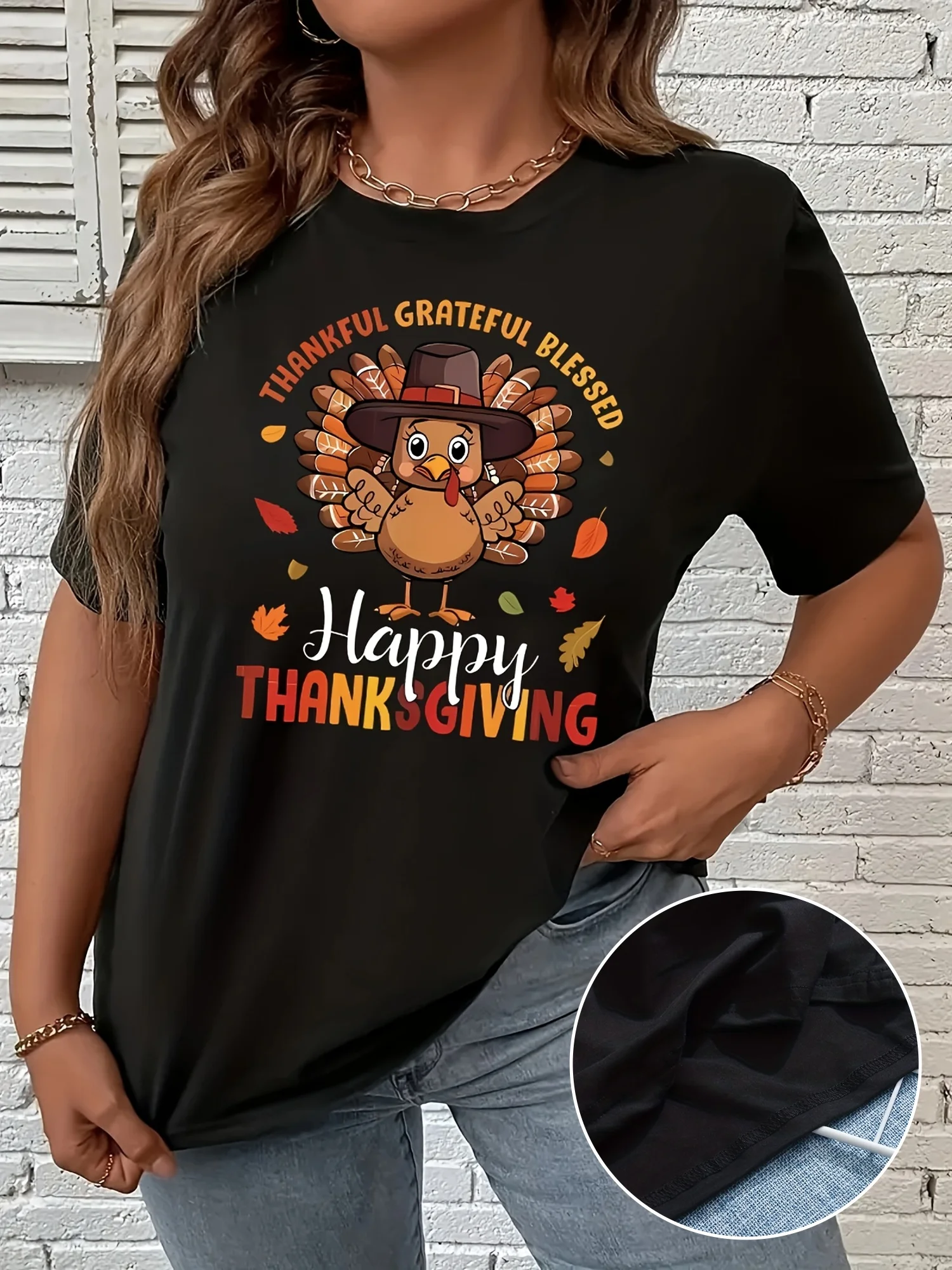 Thanksgiving Turkey Graphic Print T-Shirt for Women - Casual Polyester Knit Fabric, All-Season Comfort, Round Neck, Medium Stretch, Alphabet Pattern Design - For Women - Suitable for Casual Wear, Thanksgiving & Fall - Perfect Gift for Family & Friends