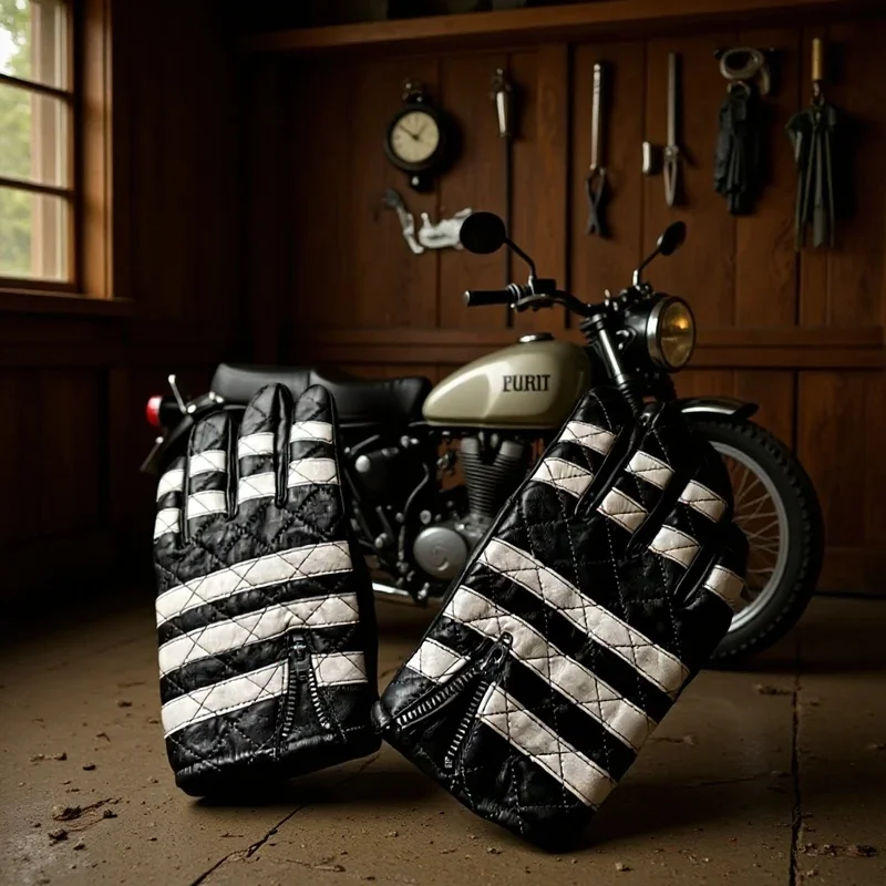 Men Genuine Sheepskin Motorcycle Gloves Black White Stripe Touch Screen Half Finger Anti‑Impact Wear‑Resistant Locomotive Glove