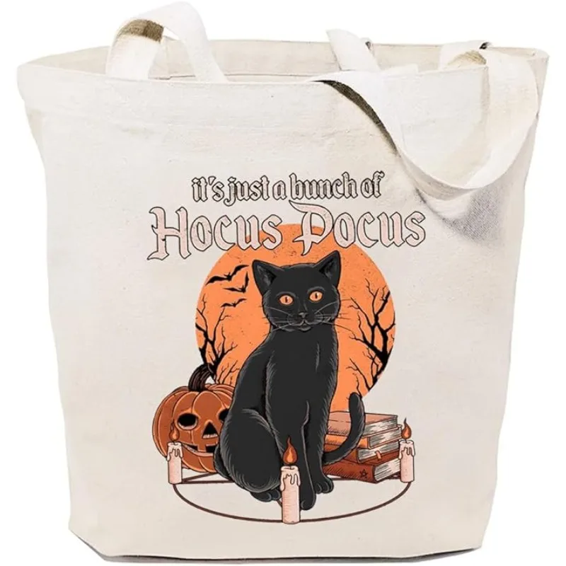 It\'s Just A Bunch of Hocus Pocus Halloween Canvas Tote Bag for Women Halloween Black Cat Graphic Halloween Decoration Party Gift