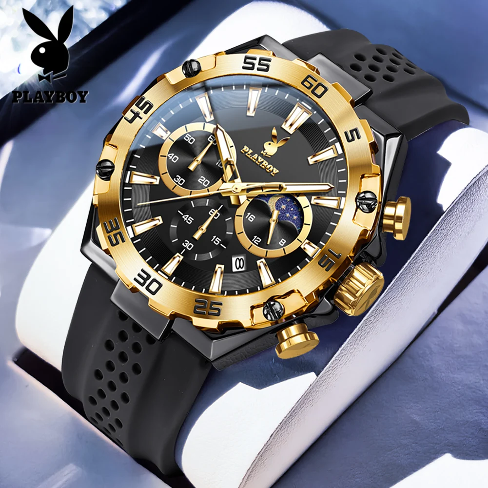 PLAYBOY Man Watch Breathable Silicone Strap Golden Black Chronograph Quartz Watches for Men Elegant Gentleman Sports Watch 3518