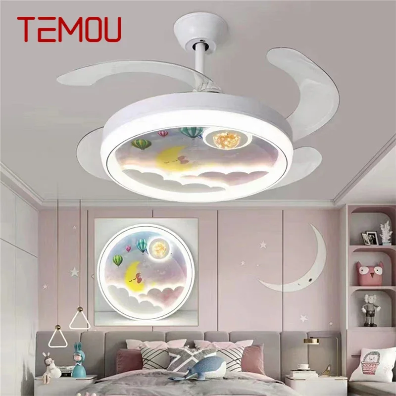 TEMOU Nordic Children Stealth Fan Light LED Modern Living room Restaurant Bedroom Ceiling Fan Light Remote Electric Fan Light